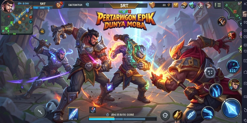 Tangkapan layar menampilkan pertarungan seru dalam dunia MOBA 5RT.