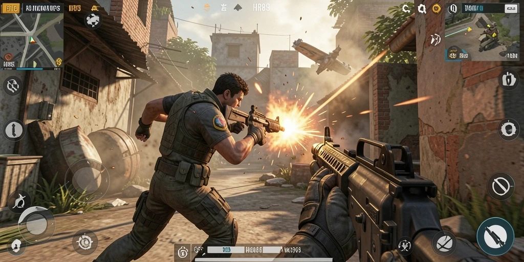 Gameplay HR89 menunjukkan aksi pertarungan mendebarkan di arena yang luas.