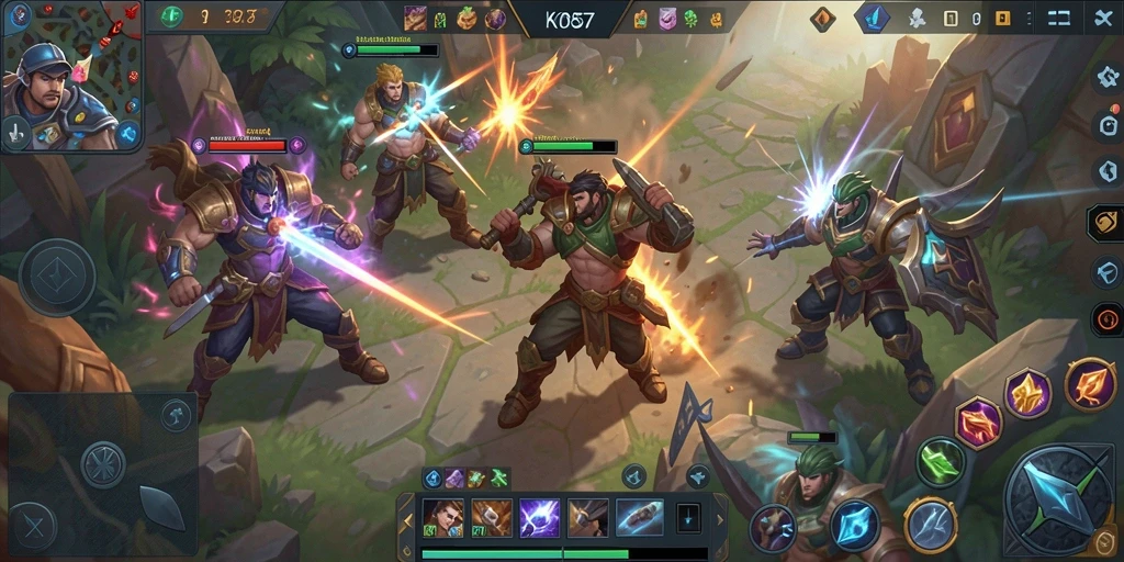 Screenshot gameplay KO857 menampilkan pertempuran seru di arena MOBA.