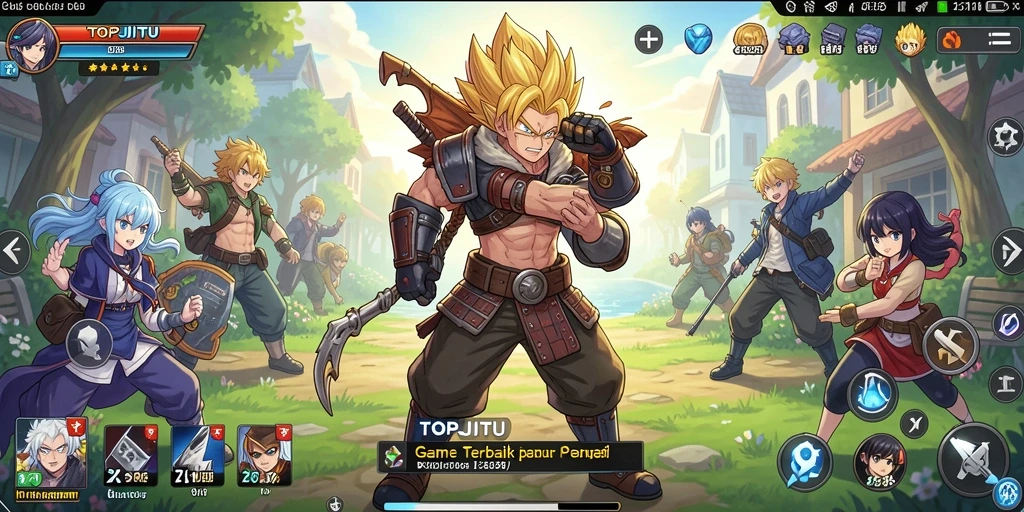 Tangkapan layar utama TOPJITU menampilkan aksi seru dalam dunia Anime.